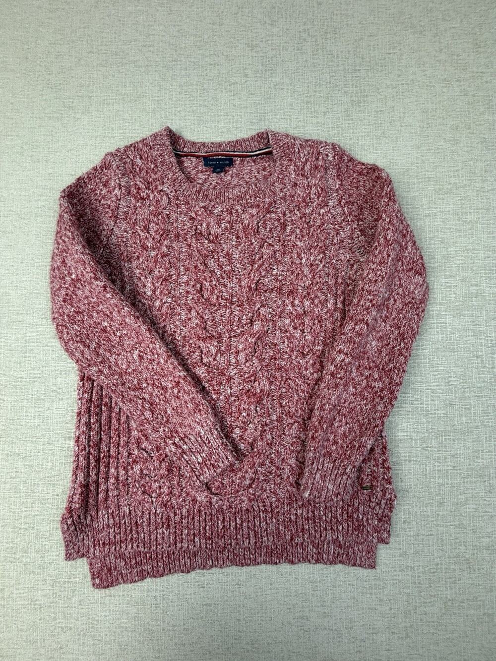 Tommy Hilfiger Womens Small Cable Knit Sweater Red White Marled Cotton
